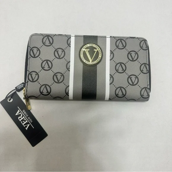 Vera New York Wallet Womens Black Signature Logo Zip Around Stripe Geometric New - Picture 2 of 10